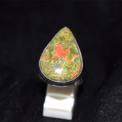 925 Sterling Silver Unakite Bezel Set Teardrop Ring