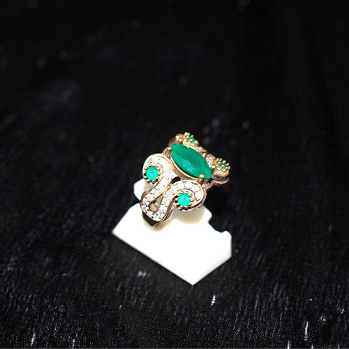 6 Carat Gold Plated Turkish Green Marquise Ornate Ring