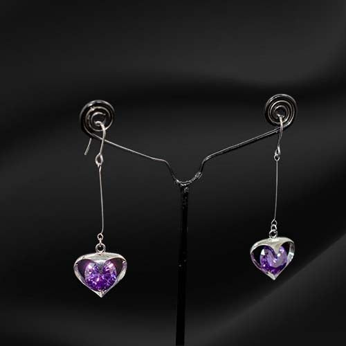 925 Sterling Silver Purple Crystal Heart Dangle Earrings