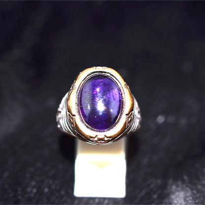 925 Sterling Silver Turkish Amethyst Cabochon Engraved Ring