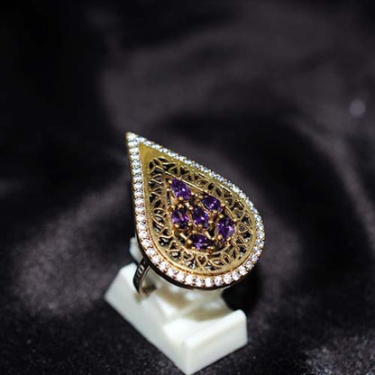 6 Carat Gold Plated Amethyst Filigree Teardrop Ring