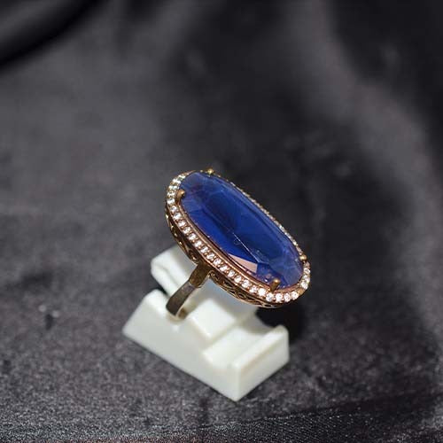 6 Carat Gold Plated Blue Sapphire Oval Halo Ring