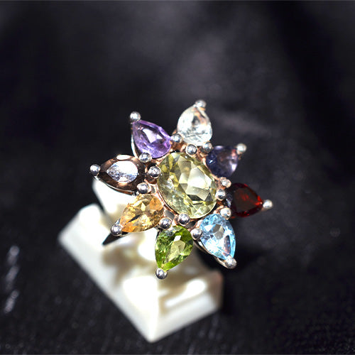 925 Sterling Silver Multi Gemstone Starburst Cluster Ring