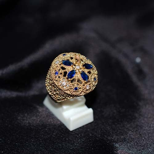 6 Carat Gold Plated Blue Sapphire Filigree Dome Ring