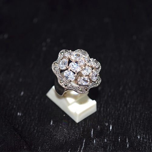 925 Sterling Silver Turkish Oval Crystal Cluster Ring with Marcasite Frame