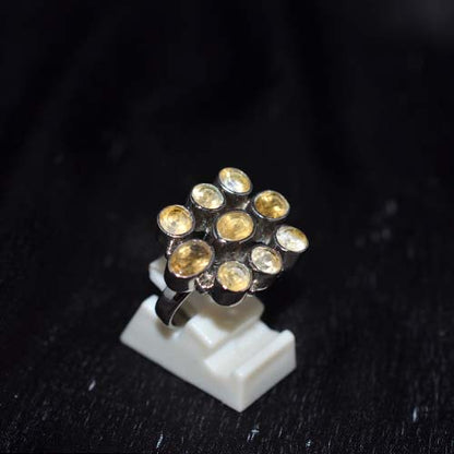 925 Sterling Silver Yellow Citrine Nine Oval Cluster Ring