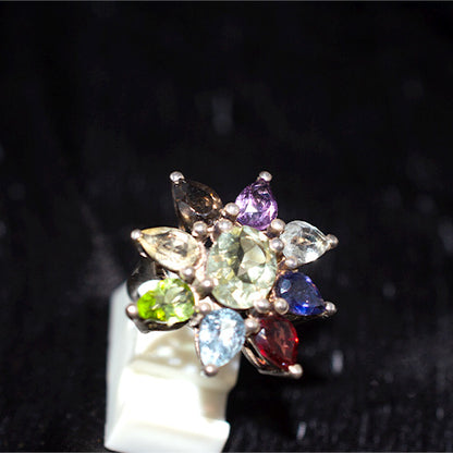 925 Sterling Silver Multi-Gemstone Rainbow Flower Cluster Ring