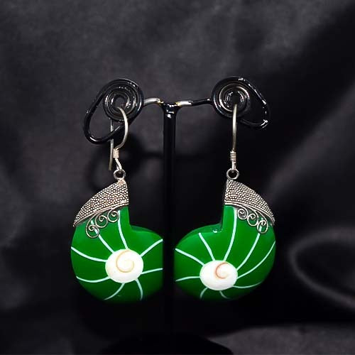 925 Sterling Silver Green Shell Nautilus Drop Earrings