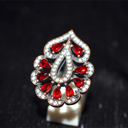 925 Sterling Silver Red Ruby Paisley Halo Ring