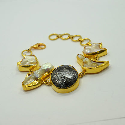 6 Carat Gold Plated Black Gemstone and Baroque Pearl Bracelet