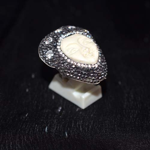 925 Sterling Silver Carved Face and Crystal Pave Statement Ring