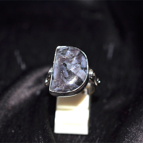 925 Sterling Silver Larvikite Shield Cut Ring with Scroll Detail