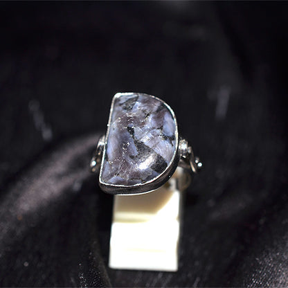 925 Sterling Silver Larvikite Shield Cut Ring with Scroll Detail