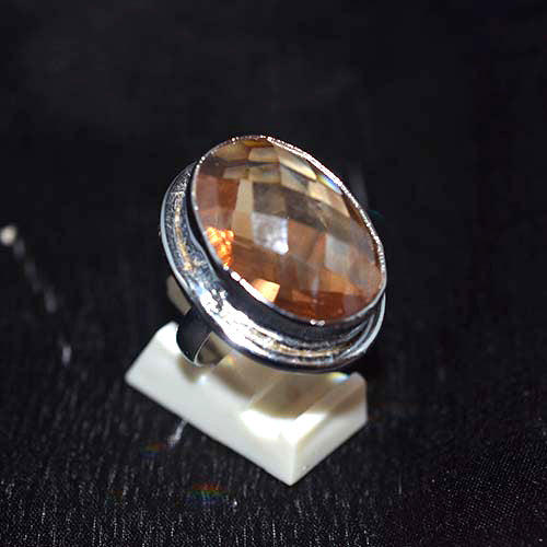 925 Sterling Silver Faceted Imperial Topaz Textured Bezel Ring