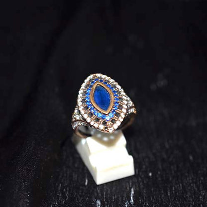 925 Sterling Silver Blue Marquise Halo Statement Ring