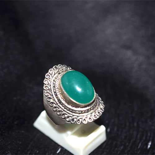 925 Sterling Silver Green Onyx Ring with Intricate Scrollwork Setting