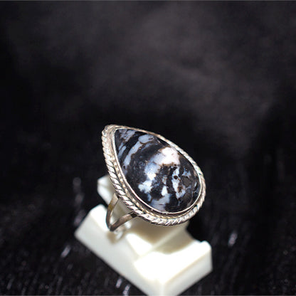 925 Sterling Silver Teardrop Dendritic Agate Ring with Rope Bezel