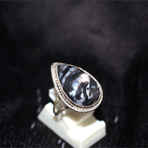 925 Sterling Silver Teardrop Dendritic Agate Ring with Rope Bezel
