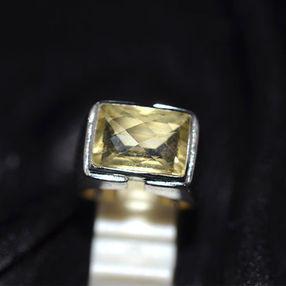 925 Sterling Silver Emerald Cut Lemon Quartz Bold Band Ring