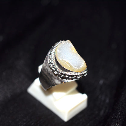 925 Sterling Silver Turkish Druzy Quartz Freeform Rope Ring