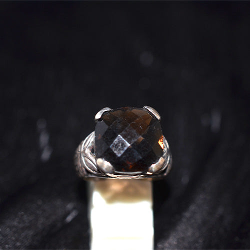 925 Sterling Silver Cushion Cut Black Onyx Ring with Engraved Band