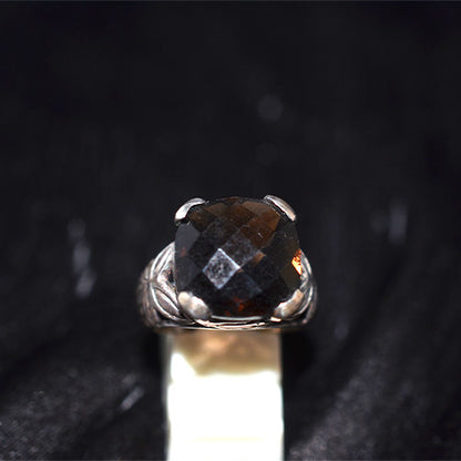 925 Sterling Silver Cushion Cut Black Onyx Ring with Engraved Band