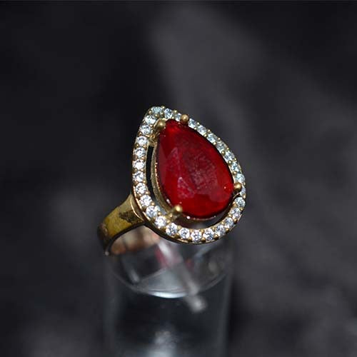 6 Carat Gold Plated Red and White Teardrop Halo Ring