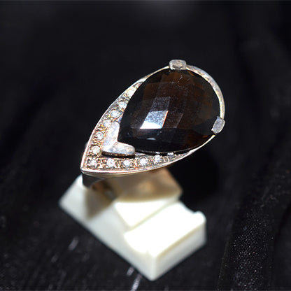 925 Sterling Silver Teardrop Smoky Quartz Pave Accent Ring