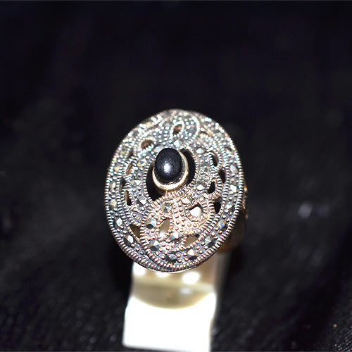 925 Sterling Silver Turkish Black Onyx Filigree Disc Ring