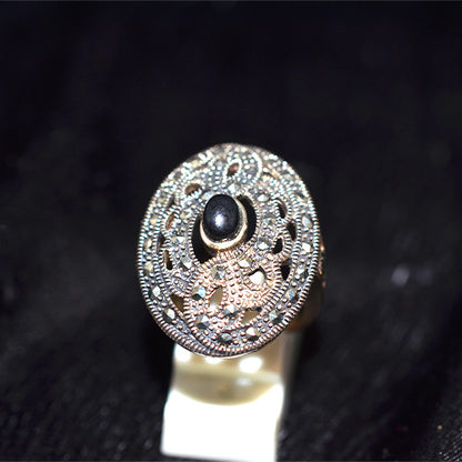 925 Sterling Silver Turkish Black Onyx Filigree Disc Ring