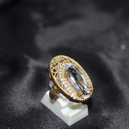 6 Carat Gold Plated White Quartz Filigree Oval Ring