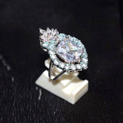 925 Sterling Silver Cubic Zirconia Aquamarine Halo Crown Ring