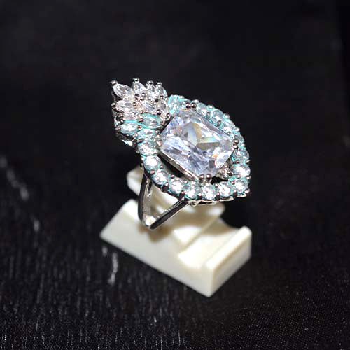 925 Sterling Silver Cubic Zirconia Aquamarine Halo Crown Ring