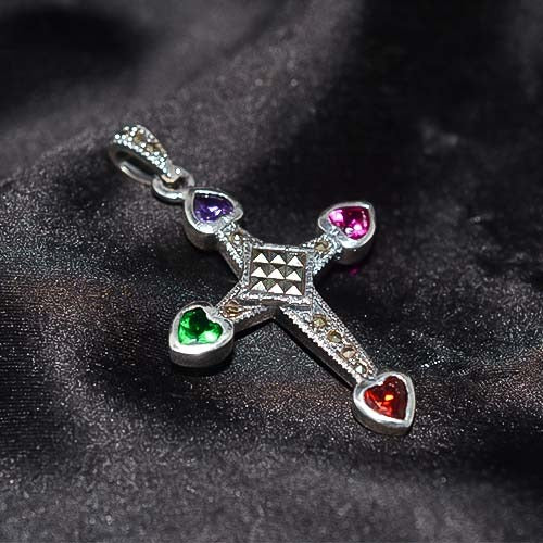 925 Sterling Silver Multicolor Gemstone Heart Cross Pendant