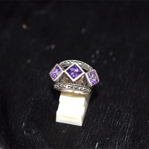 925 Sterling Silver Turkish Amethyst and Marcasite Bypass Ring