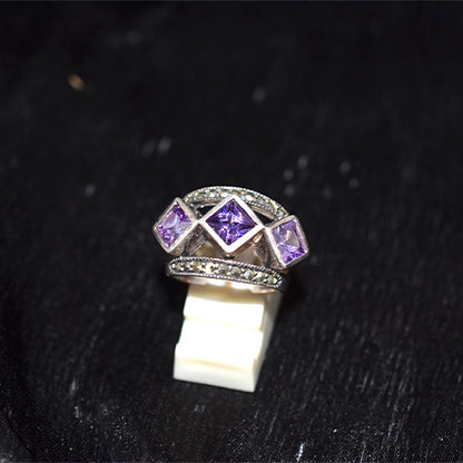 925 Sterling Silver Turkish Amethyst and Marcasite Bypass Ring