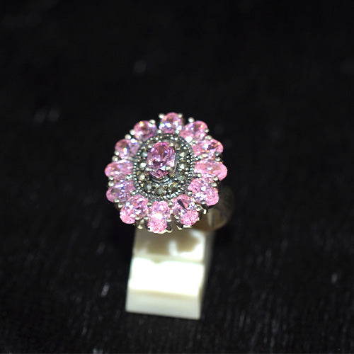 925 Sterling Silver Turkish Pink Crystal and Marcasite Double Halo Flower Ring