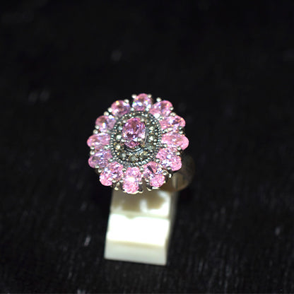 925 Sterling Silver Turkish Pink Crystal and Marcasite Double Halo Flower Ring