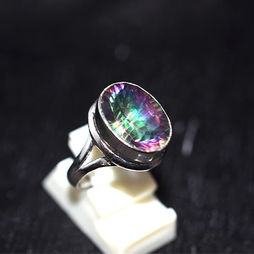 925 Sterling Silver Oval Mystic Topaz Split Shank Ring