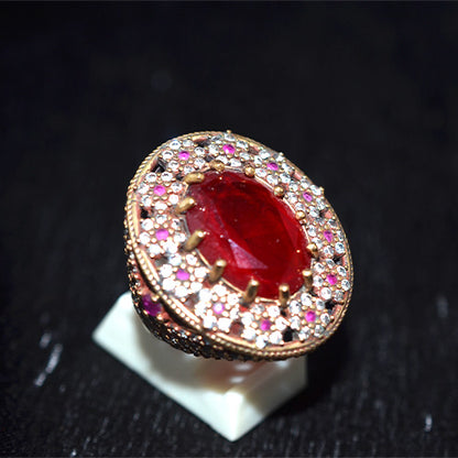 6 Carat Gold Plated Turkish Oval Ruby Double Halo Statement Ring