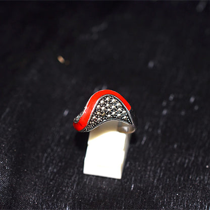 925 Sterling Silver Turkish Marcasite and Red Enamel Wave Ring
