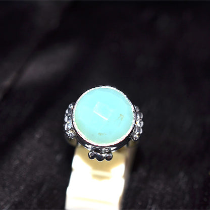 925 Sterling Silver Round Aqua Chalcedony Turkish Ring