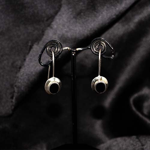 925 Sterling Silver Black Onyx Round Bezel Drop Earrings