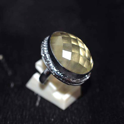 925 Sterling Silver Round Checkerboard Lemon Quartz Halo Ring
