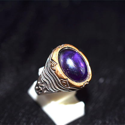 925 Sterling Silver Turkish Amethyst Cabochon Engraved Ring