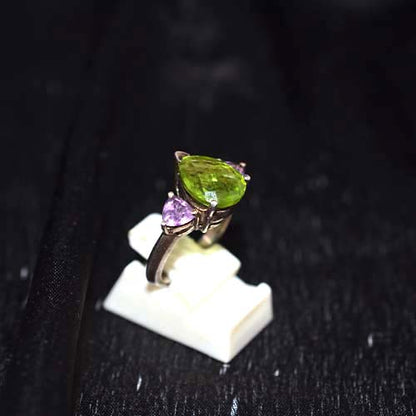 925 Sterling Silver Peridot and Amethyst Teardrop Ring