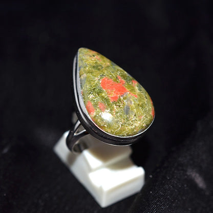 925 Sterling Silver Unakite Bezel Set Teardrop Ring