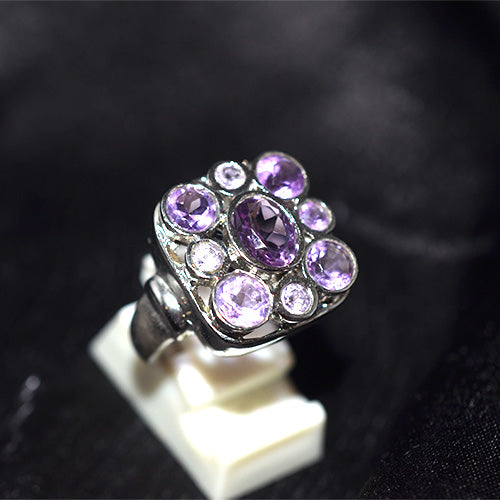 925 Sterling Silver Amethyst Cushion Shape Cluster Ring