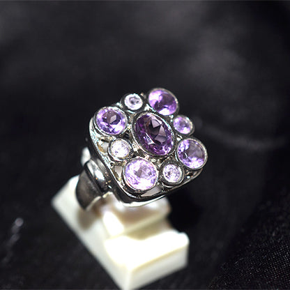 925 Sterling Silver Amethyst Cushion Shape Cluster Ring