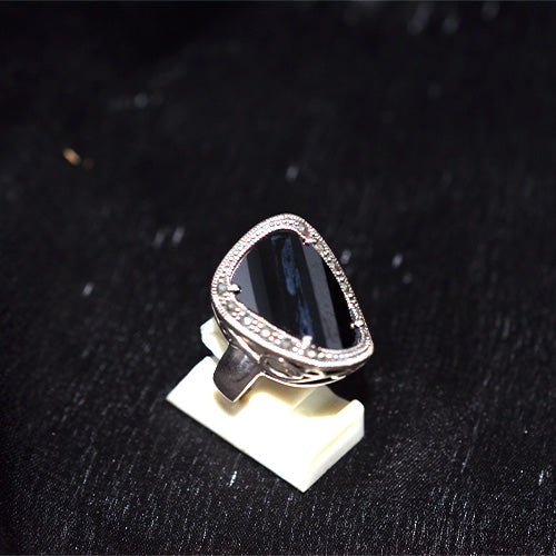 925 Sterling Silver Turkish Trillion-Cut Black Onyx with Marcasite Halo Ring